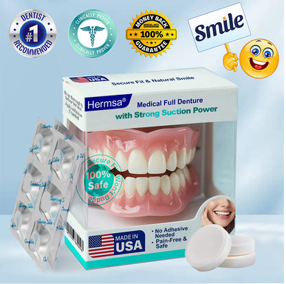 🦷Smile & Eat Confidently Again — Hermsa® Medical Suction-fit Denture🍀✅ Made and Shipped from the USA🍀